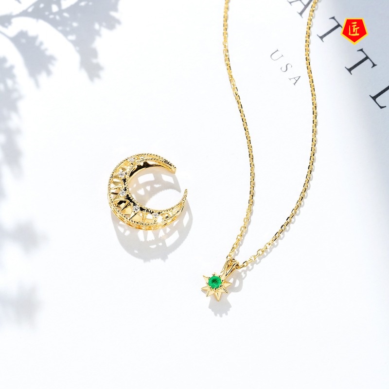 [Ready Stock]18K Golden Moon Necklace Inlaid Ruby Gold Pendant Women's Detachable Multi-Purpose