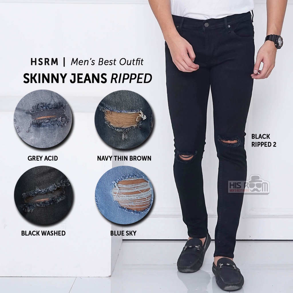 HSRM - 106 Skinny Jeans Full Black Ripped Celana Jeans Pria Hitam Sobek Soft Jeans Strech 29-34