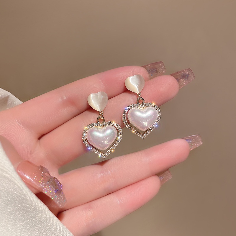 Romance Anting Tusuk Silver S925 Desain Hati Hias Mutiara Berlian Gaya Perancis Untuk Wanita