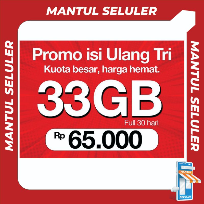 Paket Data Internet Tri Isi Ulang Kuota Three 33GB FULL 24 JAM