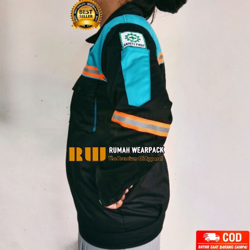 Baju Kerja/ Wearpack Kerja Atasan Hitam Kombinasi Biru Telur Bebek