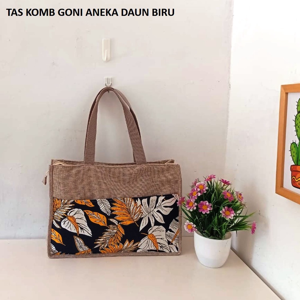 TAS KANVAS TAS GONI SINTETIS KOMBINASI KANVAS MOTIF ANEKA DAUN BIRU. RIENS COLLECTIONS