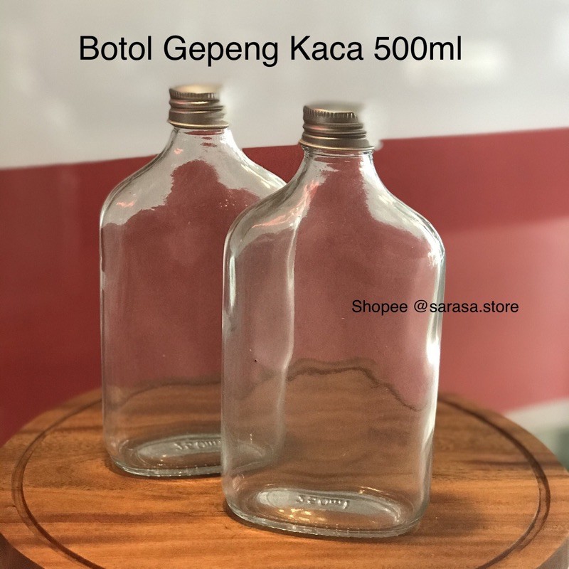 GROSIR Botol kaca tutup aluminium gepeng 500 ml kemasan wadah kopi whiskey jus juice