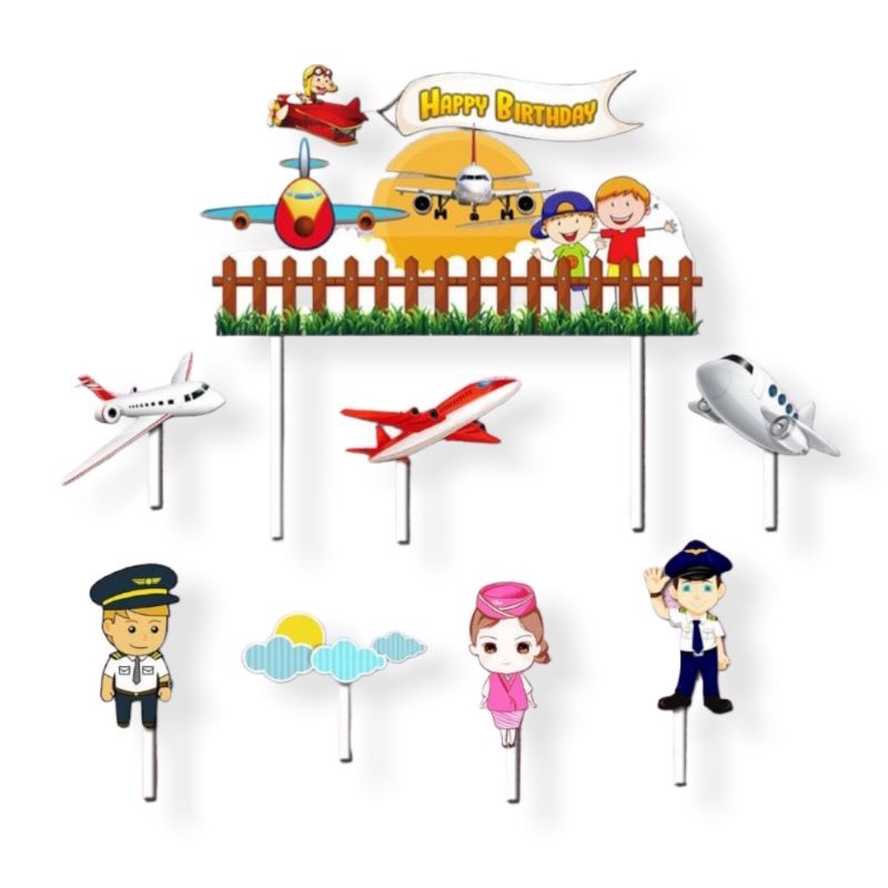 1 set topper hiasan tusukan kue cake ulang tahun happy birthday karakter pilot pesawat airplane plan