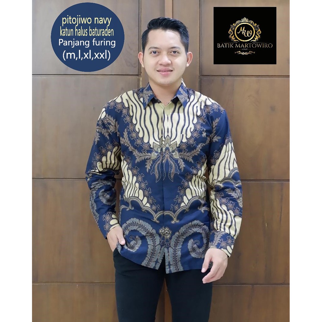 Premium Kemeja Batik Solo Pria Pitojiwo Navy Lengan Panjang Pria Atasan Modern Full Furing Produsen SEKARTAJI GEBER GUNUNGAN SEMBODO NAKULA 2 PRASTOWO PARI COKLAT KEMBANG BIRU DAFINAH LAWASAN SIDOMUKTI DWI REKTA PARANG CENDONO SOGAN BATIK SOLO AMANAH