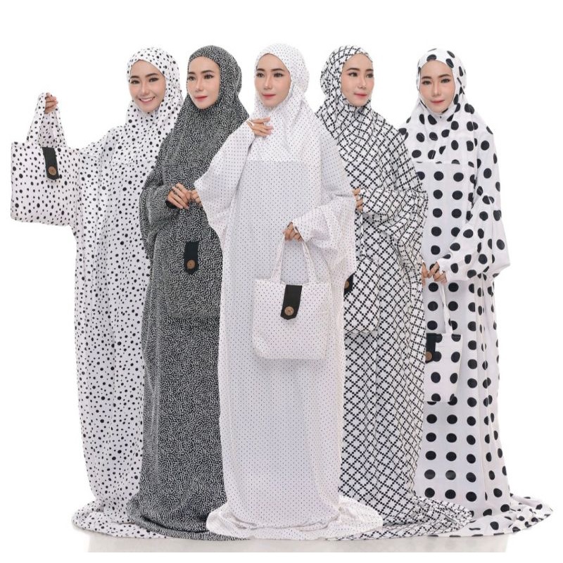 Mukena Syari Hadramaut Terusan Hitam Putih/Mukena Terusan Terbaru/Mukena terusan Motif/Fashion Musli