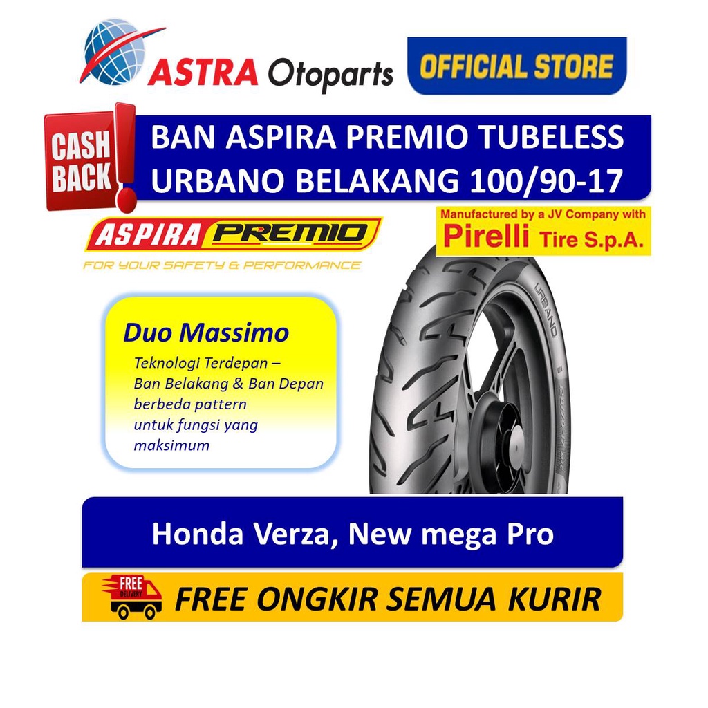 Ban Belakang Aspira Premio Urbano Tubeless 100/90-17 untuk Honda Verza, New mega Pro (01-URB-TL100/9