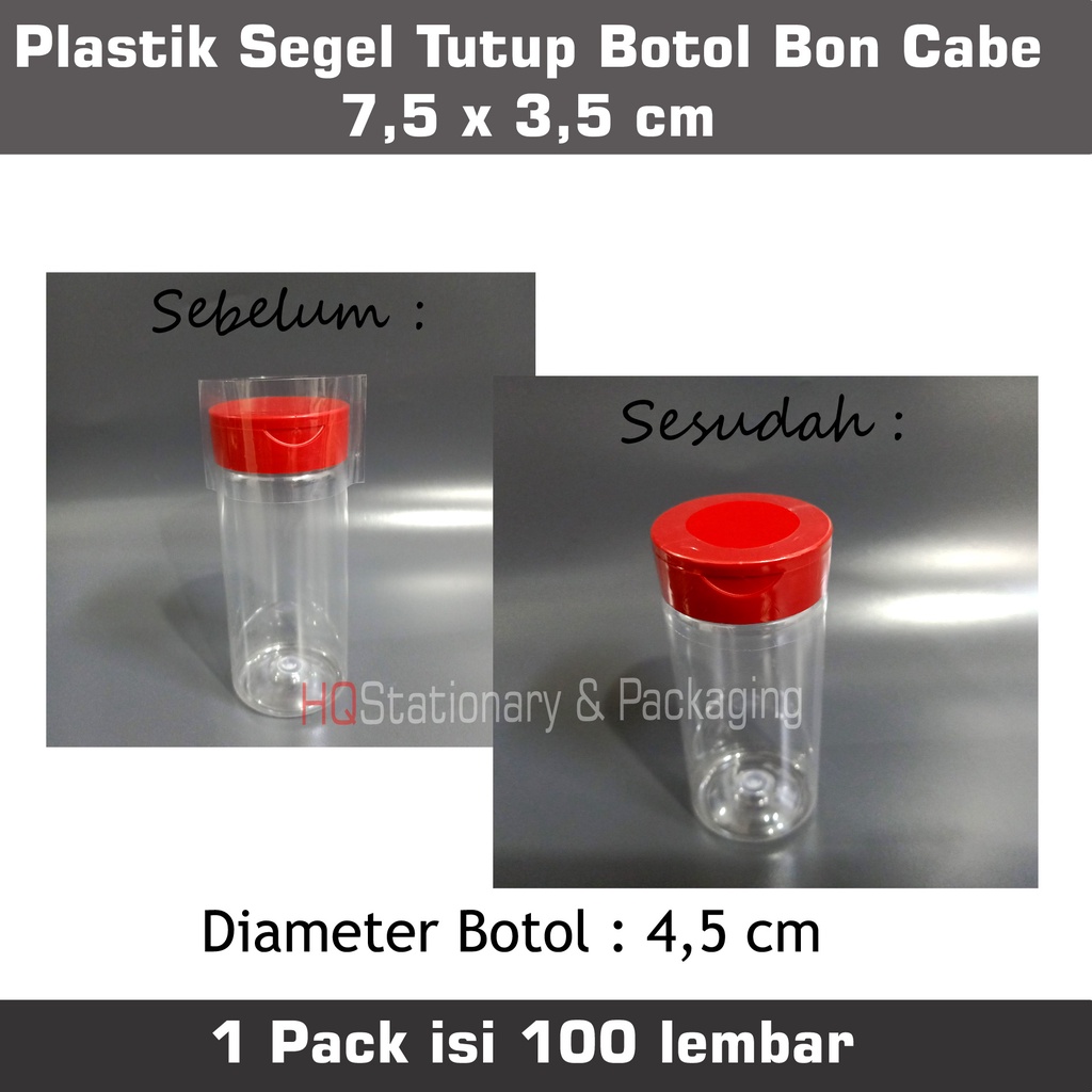 Plastik Segel Tutup Botol BonCabe Ukuran 7,5 x 3,5 cm isi 100 lembar