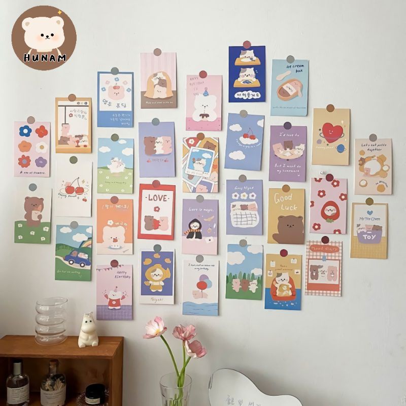 HUNAM 30 PCS  Daily Bear & Cat Poster Card Photocard Aestethic Wall Decoratin Dekorasi Dinding Kamar