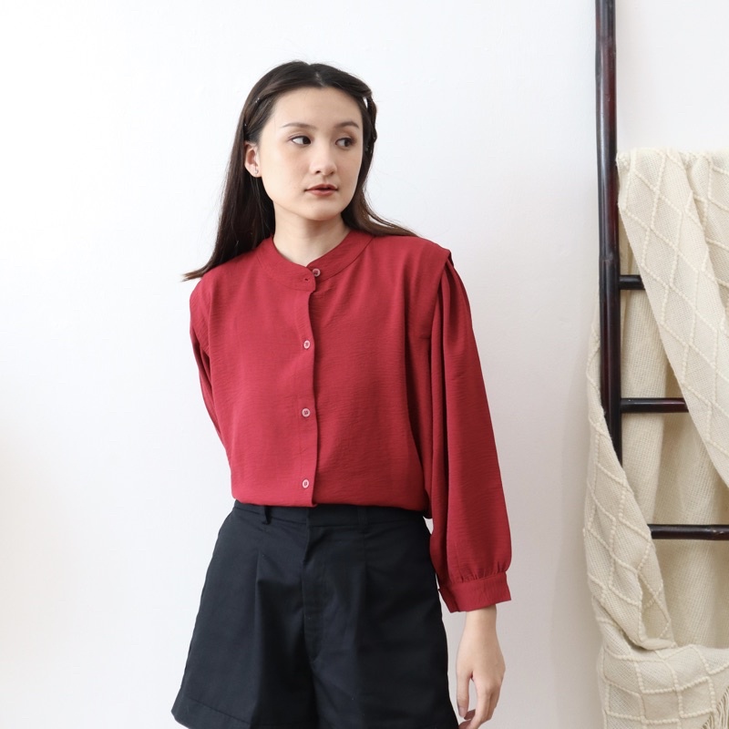 MSMO River Blouse Oneck Longsleeve / Blouse Wanita / Kemeja Kantor / Kemeja Crinkle / Kemeja Lengan Panjang-Maroon