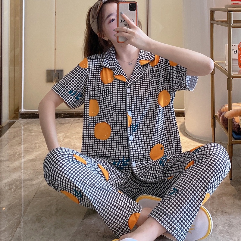 BAJU TIDUR PIYAMA SET KEMEJA CP LENGAN PENDEK CELANA PANJANG IMPORT PREMIUM BANYAK MOTIF 3-JerukKotak