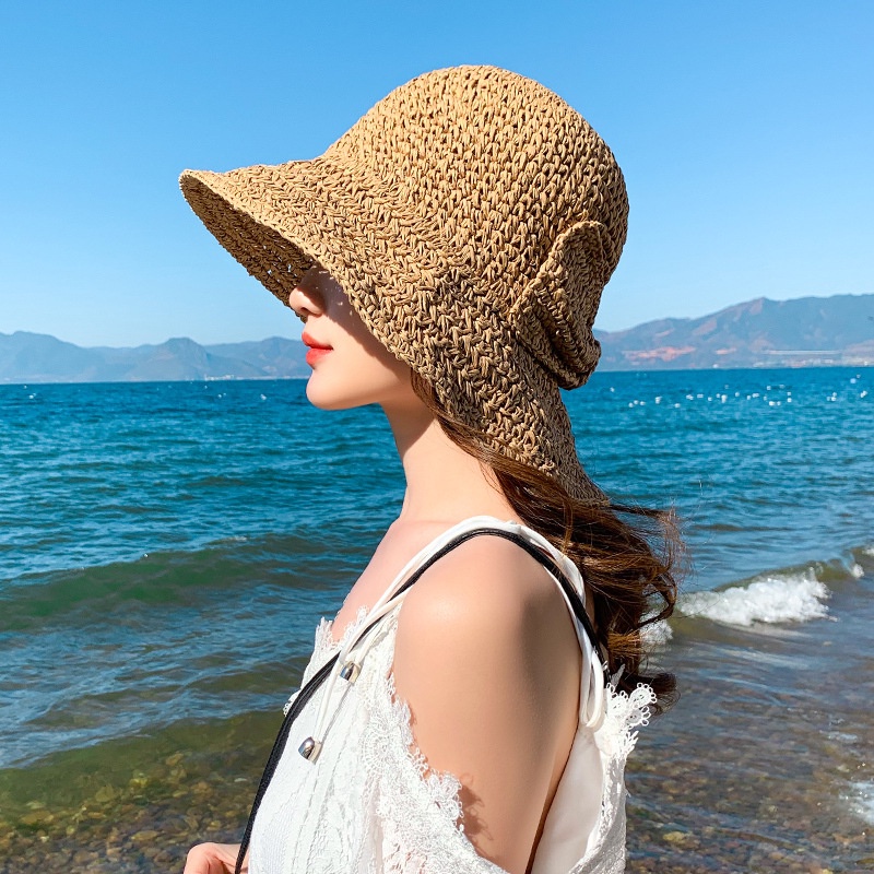 Topi Nelayan Pelindung Matahari Model Lipat Bahan Jerami Aksen Ikatan Simpul Gaya Korea Untuk Wanita