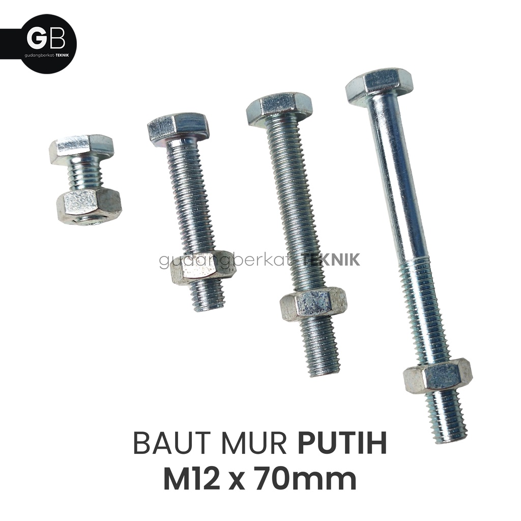Baut Mur Putih M12x70 / BMP 12x70 (70mm) / Baut M12 Putih Kunci 19