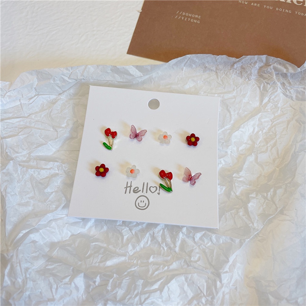 4 Pasang / Set Anting Stud Desain Buah Bunga Butterfly Warna-Warni Gaya Korea Untuk Wanita