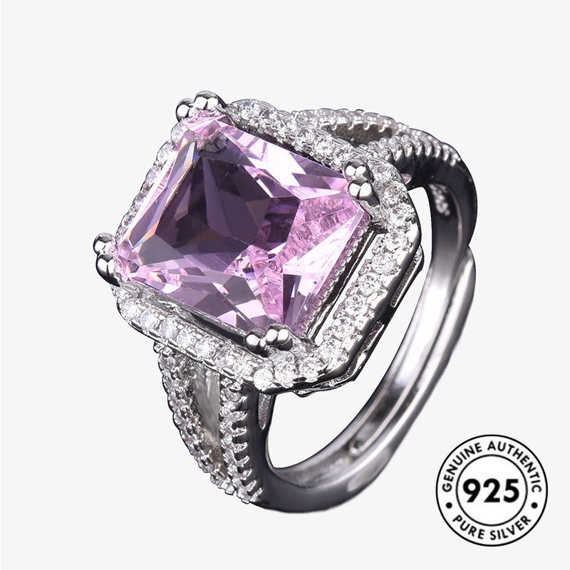 Cincin Berlian Persegi Panjang Warna Pink Bahan S925 Silver