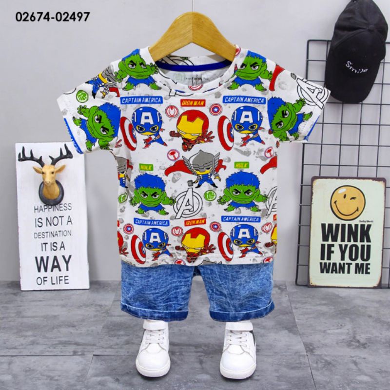 [0-6th] Baju setelan anak laki laki kaos dan celana pendek jeans SETELAN AISON JEANS SUPERHERO IRONMAN HULK