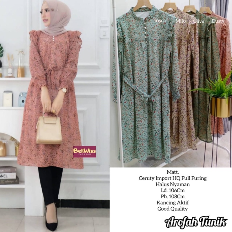 Arofah tunik tunic ceruty import full furing motif bunga