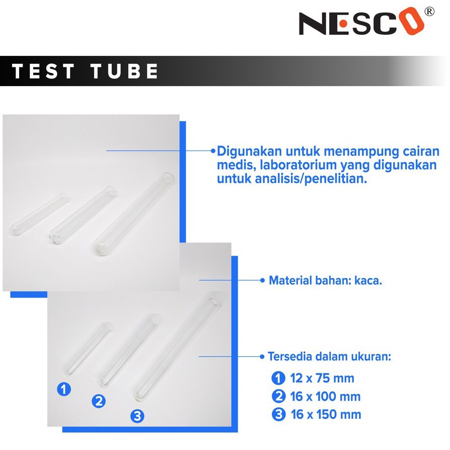 Nesco Test Tube Kaca w/o rim,  16x100mm, 16x150mm - Wadah Pengembangbiakan mikroba (satuan) /best seller