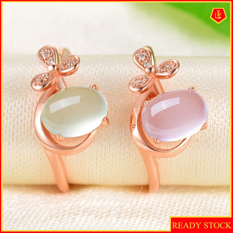 [Ready Stock]Pink Crystal Prehnite Ring Rose Gold Three Petals Flower