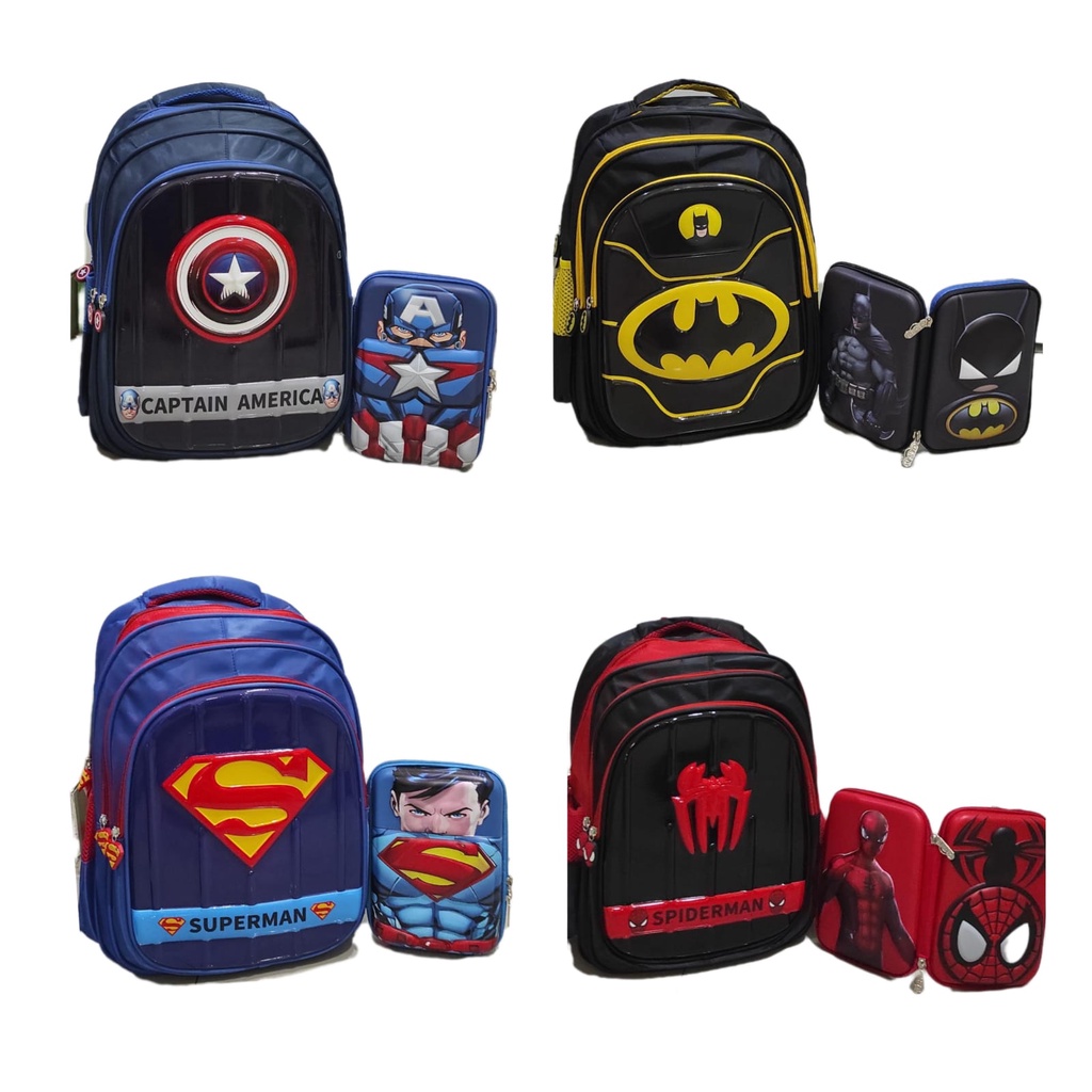 Paket 2in1 Tas + Kotak Pensil Anak Cowok Sekolah SD 3D hardcase avengers Spiderman Captain america b