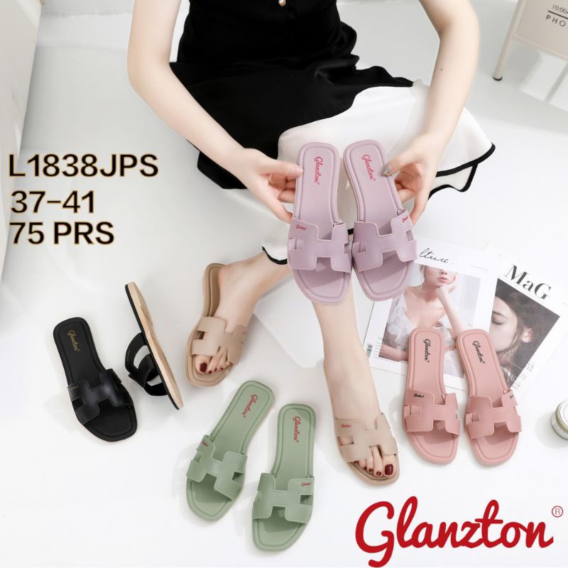 Sandal Flat Wanita Casual Jelly Shoes Polos Merk Glanzton