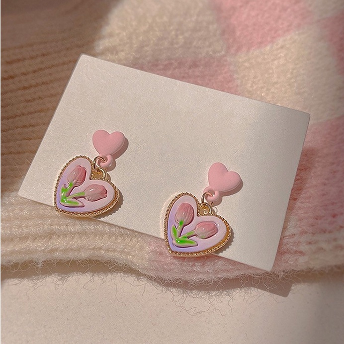 Anting Stud Bentuk Hati Tulip Warna Pink Untuk Wanita