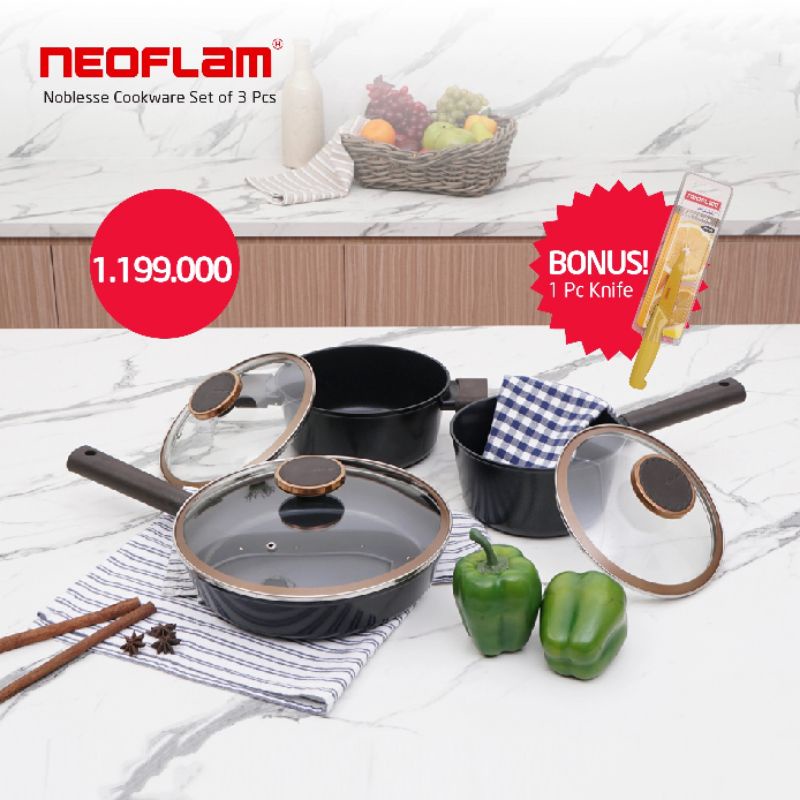 Neoflam Noblesse Cookware Set of 3 Pcs BONUS Knife Neoflam