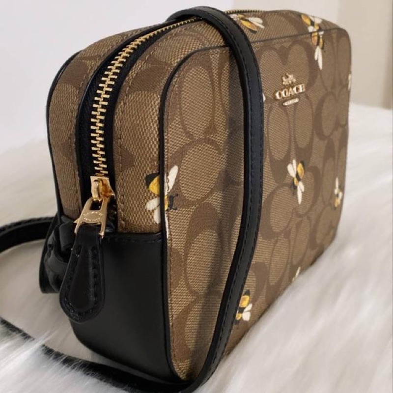 Coach Camera New Mini Signature Canvas With Bee Print / Brown Crossbody bag (C8671)