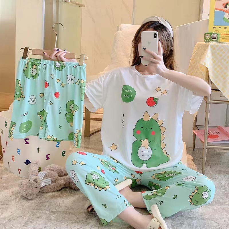 Baru set Baju Tidur Wanita Dewasa Oversize Piyama Bahan Kaos Celana Panjang & Pendek Setelan Baju Tidur 3IN1 Setelan Piyama-Cute Dino