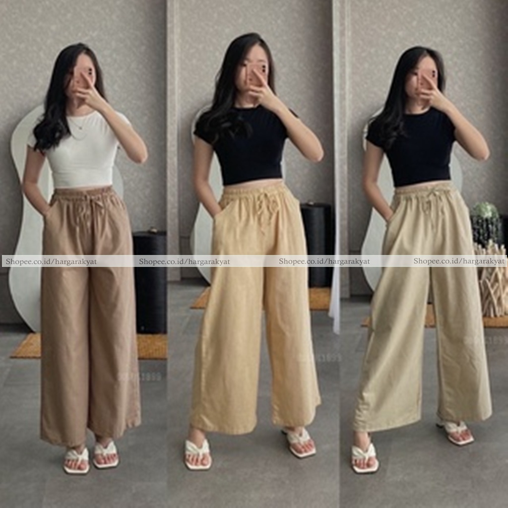 Kulot Linen Premium Highwaist Pinggang Karet Wide Leg Cullote 552 Kulot Linen Bahan Jatuh