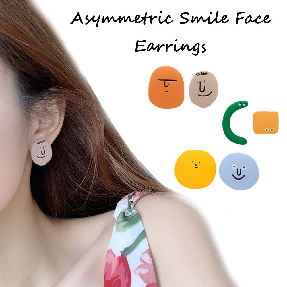 Anting Bentuk Bulat Geometris Tidak Teratur Motif Smile Face Warna-Warni Untuk Wanita