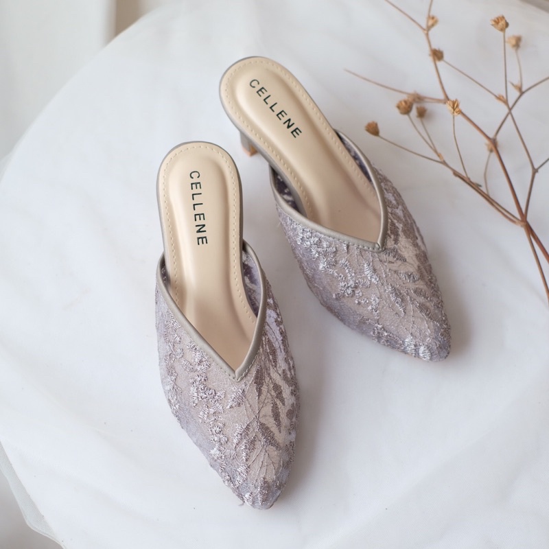 𝗖𝗘𝗟𝗟𝗘𝗡𝗘 JiA Lace Heels (6warna) / wedding shoes 7cm selop brukat