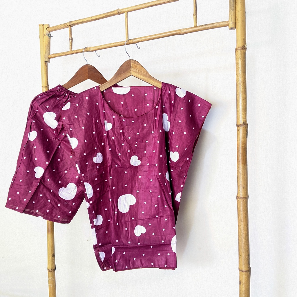 Baju Tidur Tanpa Lengan Piyama Krill Setelan Midi Homewear Homey Dress Baby Doll Dewasa Nyaman Di Rumah Santai WFH Rayon One Set Pajamas-love maroon