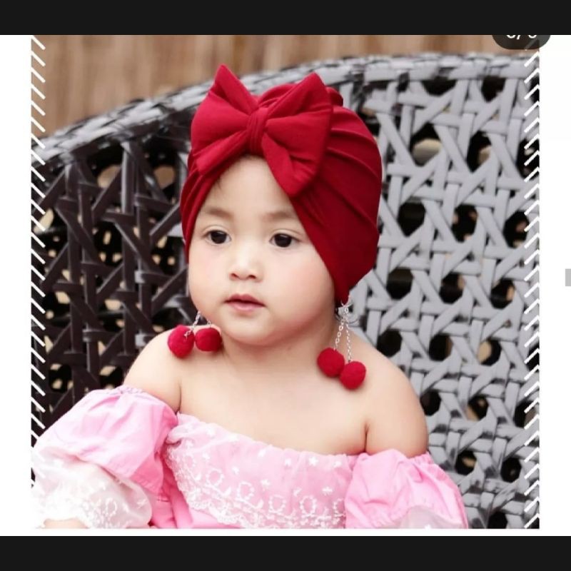 turban Duo  Double Pom Pom anak bayi perempuan Usia 0 - 3 Tahun | ciput baby new born 6 - 2 thn | bandana Baby Girl newborn import Premium lucu 1 - 5 Bulan