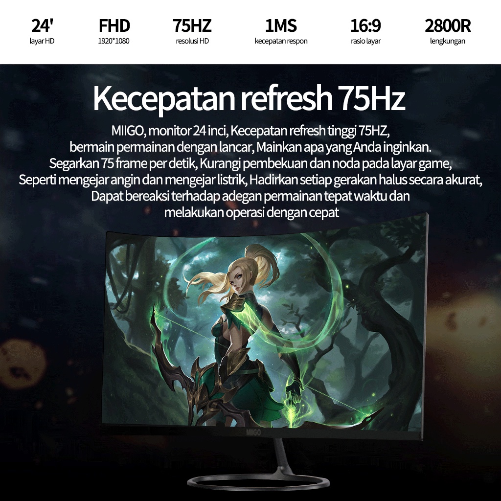 MIIGO Monitor komputer dengan resolusi tinggi lengkung ultra-tipis 24 inch-2