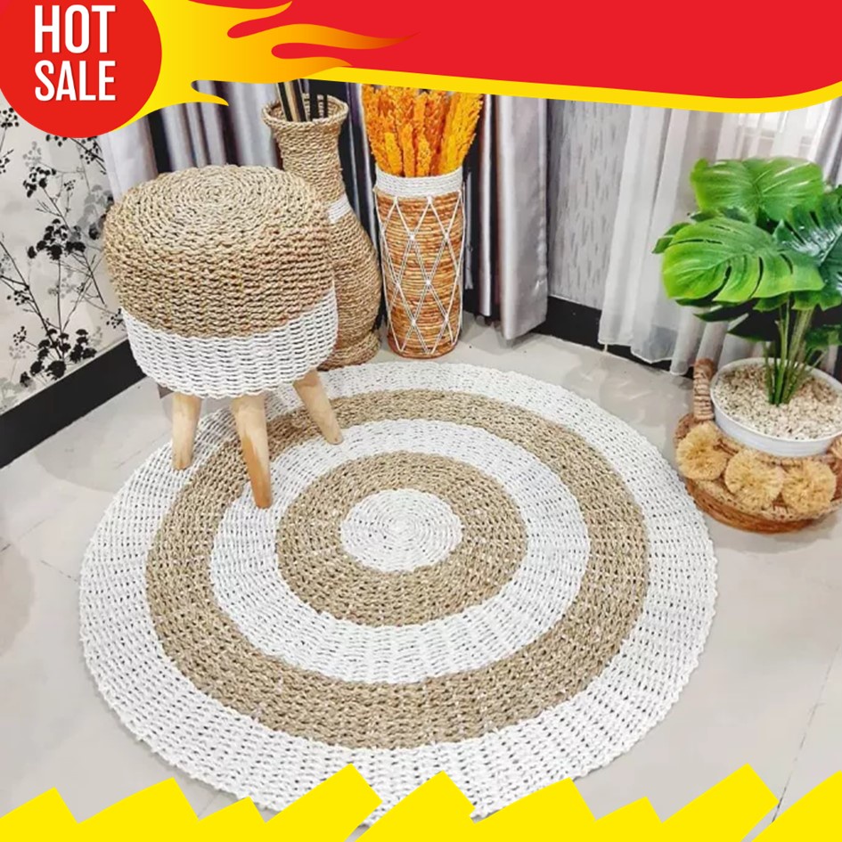 Karpet Bulat Anyaman Rotan Rug Seagrass Warna Warni