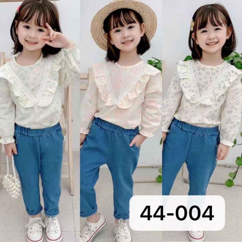 setelan denim v line lace, baju anak impor murah dan berkulitas