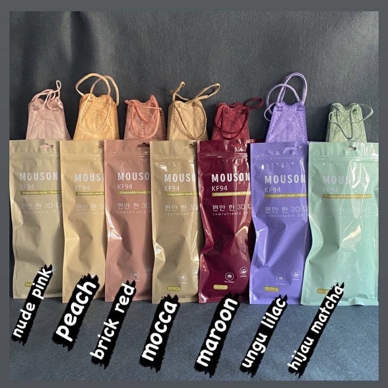 Masker KF94 MOUSON Sachet isi 10 Pcs Putih Hitam Abu Shrimp Pink Maroon coffe 4 ply Original