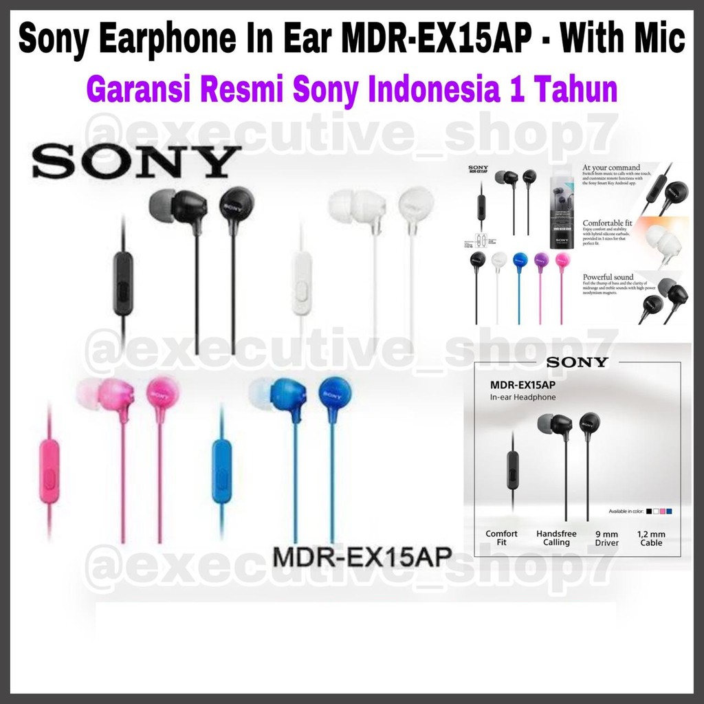 Sony Earphone In Ear MDR-EX15AP - MDR EX15AP - MDREX15AP - With Mic Garansi Resmi Sony 1 Tahun