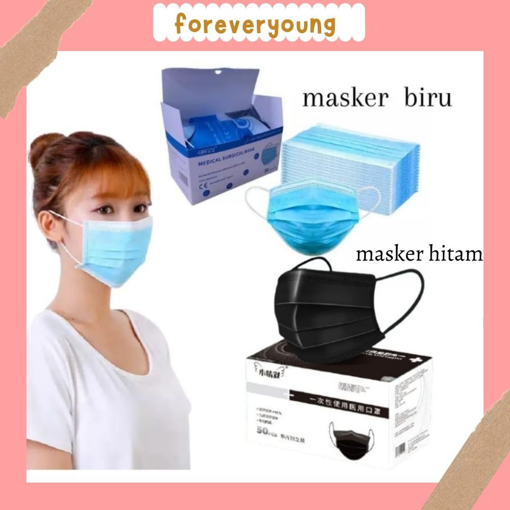 (Fy)Masker Biru 3 PLY DISPOSABLE FACE MASK ISI 50 PCS Masker Earloop Hitam 3Ply Black Color