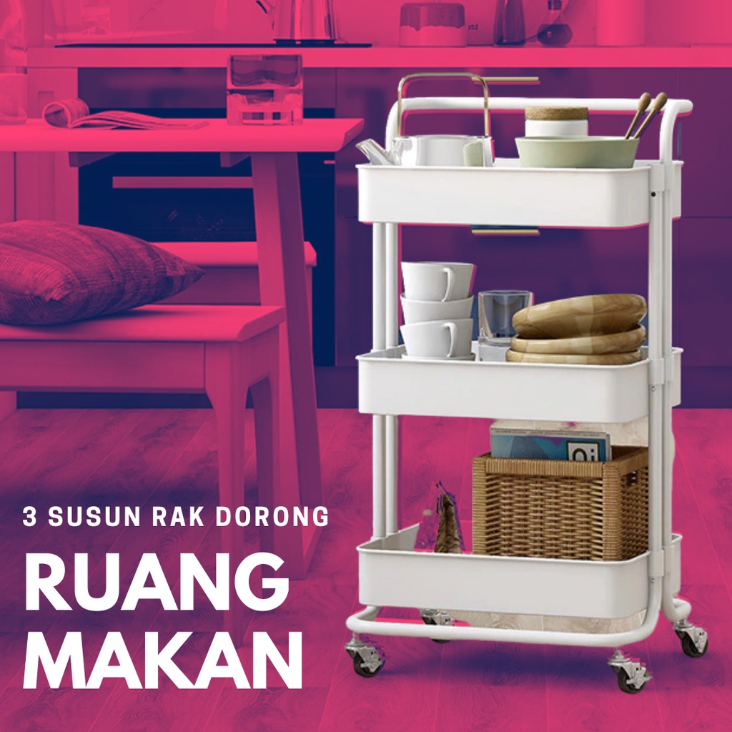 Rak Dorong Troli Roda Penyimpanan Elegant Serbaguna 3 Tingkat Untuk Toilet, Kamar Mandi, Dapur - Mufid