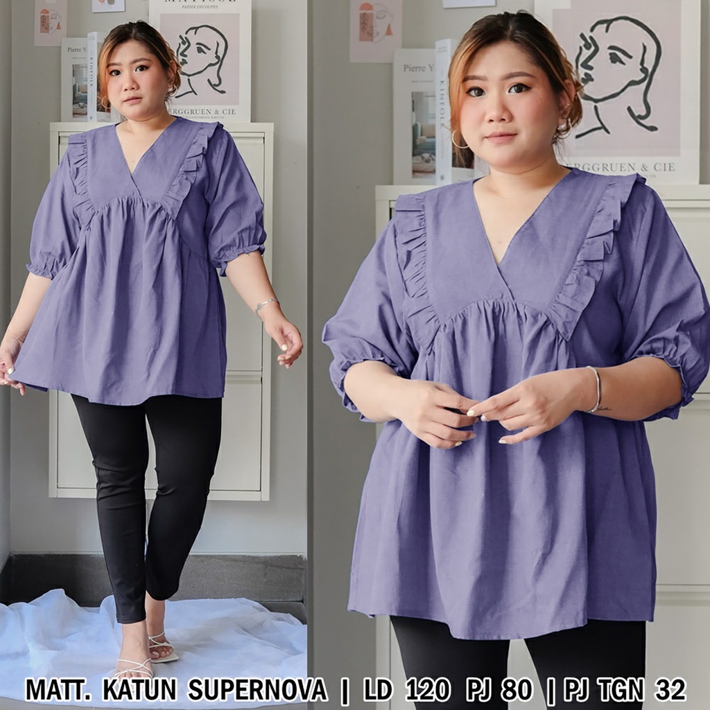 WSE390 - Blouse Jumbo Fatin XXXL Blus Jumbo 3XL Leher V BIG SIZE UK XXXL LD 120 CM PL 80 CM Katun Supernova PREMIUM QUALITY