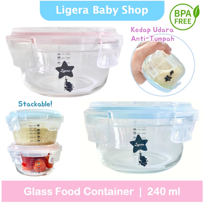 [Uk.200-240ml, bukan mini :) ] LIGERA Baby Glass Food Container Ada Takaran / Wadah Kaca Tempat Simpan Makanan MPASI BPA Free