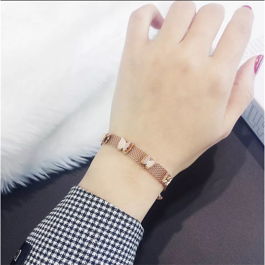 Gelang Jaring Titanium Aksen 5 Kupu-Kupu Tersedia Warna Rose Gold, Gold dan Silver