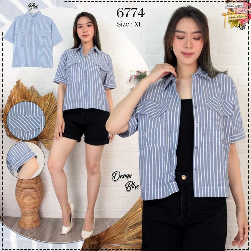 Kemeja garis cewek blus wanita