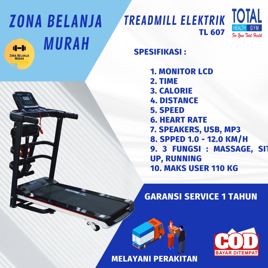TOTAL FITNESS Alat Fitnes Lari Treadmill Elektrik  TL  607 Manual Incline