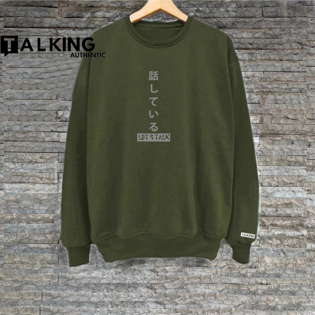 Sweater Pria Distro Japan Crewneck Hitam Sablon Suiter Cowok Jumbo Switer Krunek  Oversize Bigsize-Hijau Army
