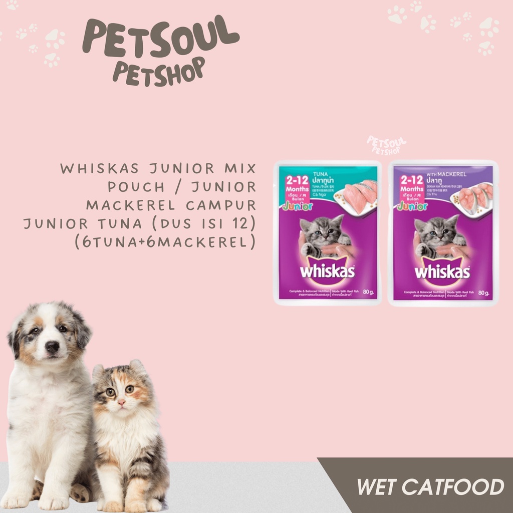 Whiskas Junior Mix Pouch / Junior Mackerel Campur Junior Tuna (Dus isi 12) (6tuna+6mackerel)