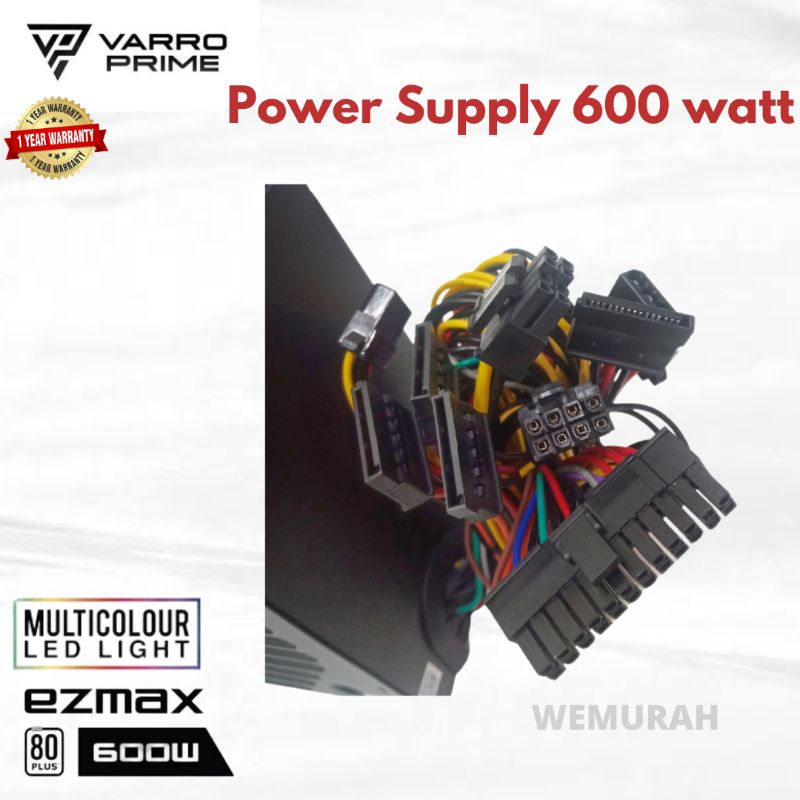 PowerSupply 600Watt 80+ RGB - Led Light PSU - Power Supply Gaming