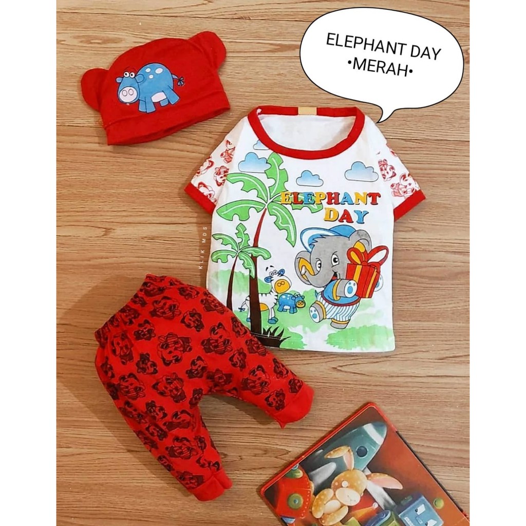 Setelan Baju Bayi Laki - Laki 0-6 Bulan Atasan dan Celana Joger Motif Elephant Day Free Topi